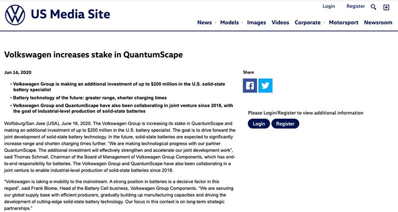 大众向QuantumScape追加2亿美元投资 研发固态电池技术